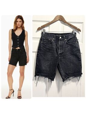 Aritzia Denim Forum The Yoko Long Short Jeans Black Wash Cut Off Frayed Hem 26
